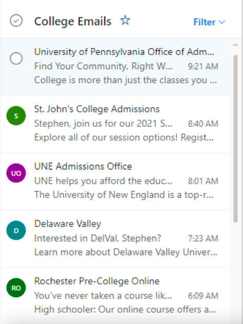 A small sample of staff writer Stephen Byrnes college admissions emails