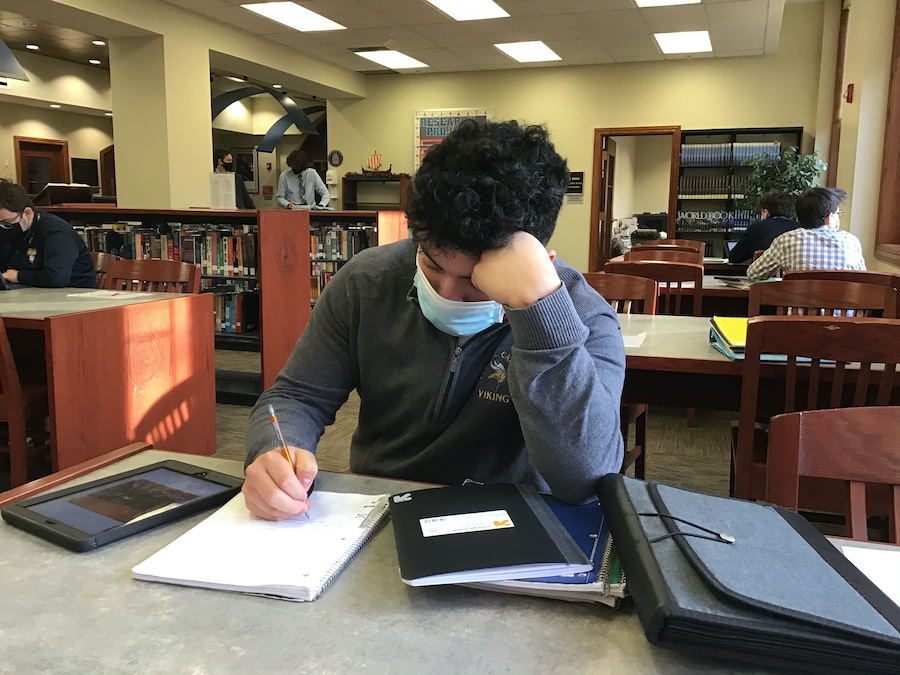 Senior Dom Wilmer works on studying for an upcoming exam. Midterms will begin on January 10, 2022.