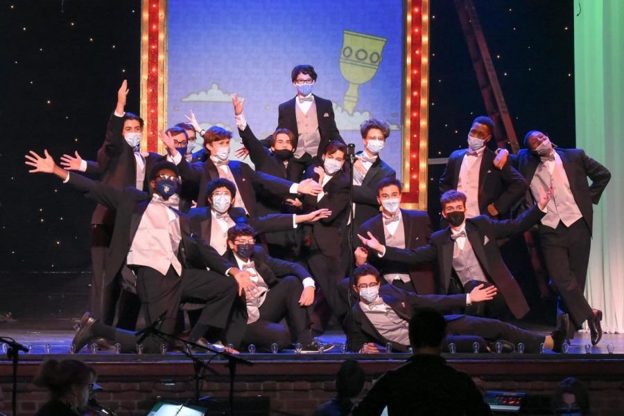 A group photo of the males peformers from their songs from Spamalot during their Bringing Back Broadway performance.