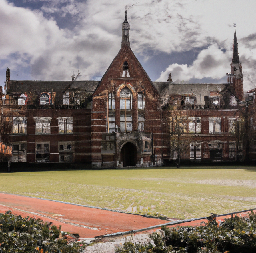 An image generated by DALL-E 2 from the prompt “A flemish gothic building made of brick from 1927 with some spires and 4 floors and a quadrangle that is a Catholic high school” (the website encourages specificity in prompting).
