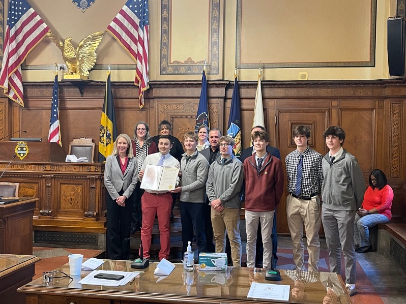 Members of Central Catholic’s FBLA receiving a City of Pittsburgh Proclamation declaring Feb. 5-11, 2023 as National FBLA Week.