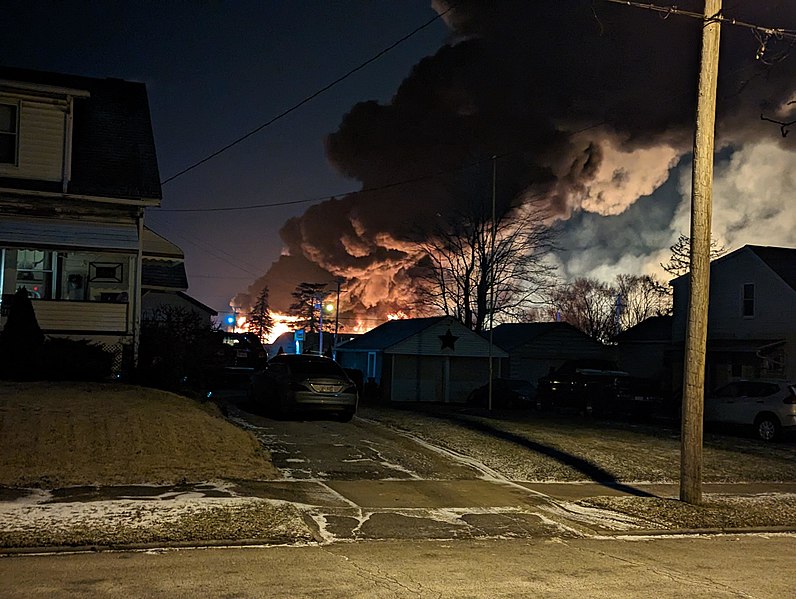A photo overlooking the 2023 Ohio train derailment at the night of the accident.

Used with permission and following request from (c) Wikimedia Commons
